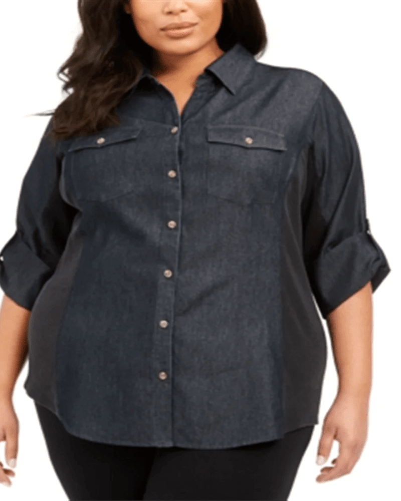 Front of a model wearing a size 3XL New York Collective Women's Plus Blouse Black Size 3XL in Black by New York Collective. | dia_product_style_image_id:311308